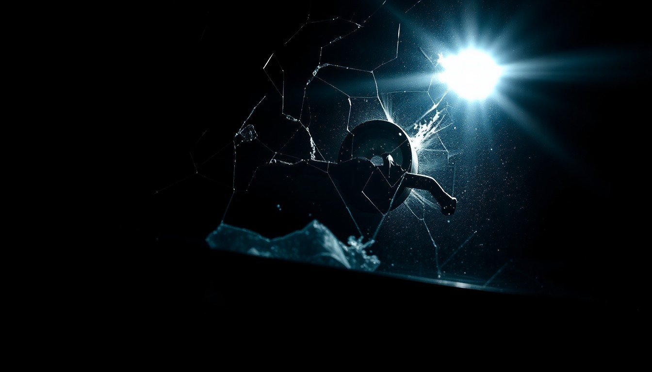 An extreme close-up photograph of a cracked car windshield or twisted metal from a vehicle accident, lit by a harsh, direct camera flash against a pitch-black background, conveying a stark, gritty, investigative aesthetic.