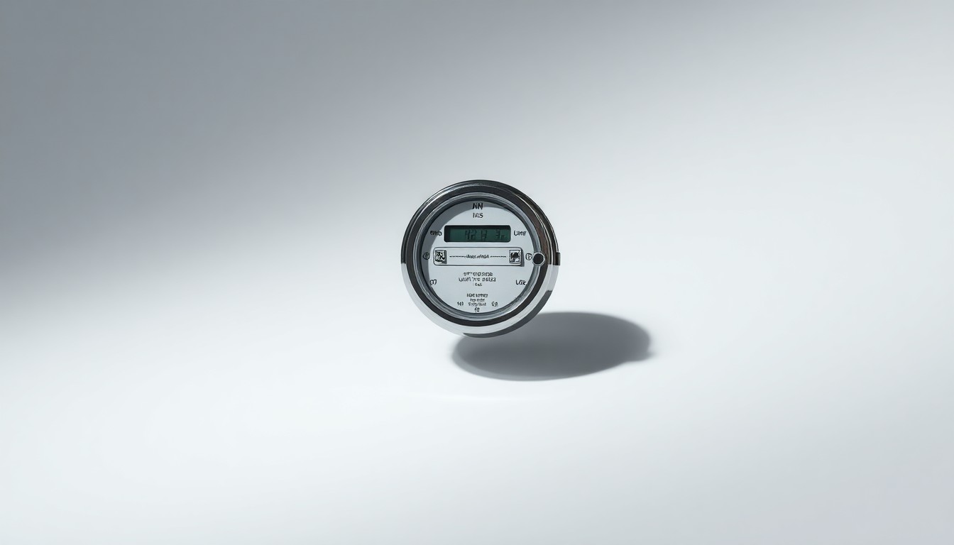 A photorealistic studio still life of a polished metal utility meter floating on a clean, monochromatic background, conveying the abstract concept of reliable, uninterrupted utility service.