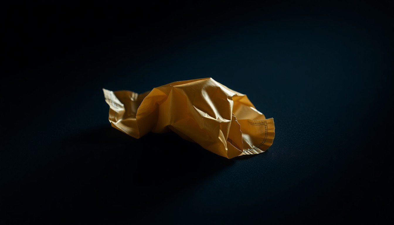 An extreme close-up photograph of a crumpled condom wrapper on a pitch-black background, the harsh lighting creating dramatic shadows and textures to convey a sense of gritty investigation into a troubling crime.