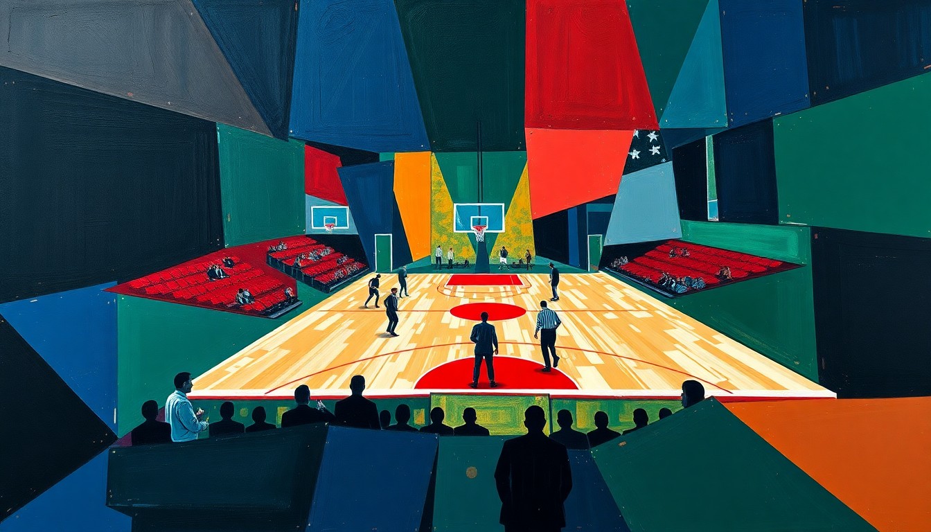 A cubist, geometric painting depicting overlapping planes and shapes in navy, green, and red, representing the dynamic action and energy of a basketball game.