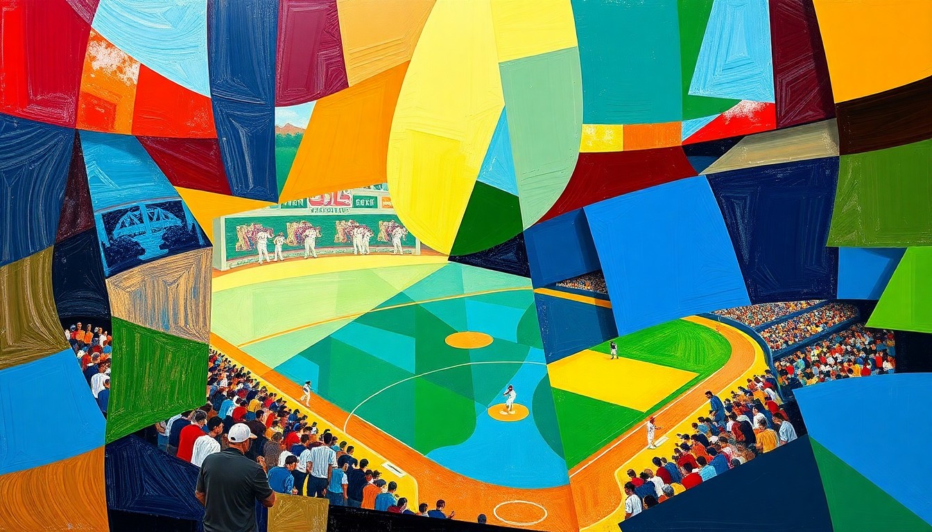 A cubist-style painting featuring overlapping geometric shapes and planes in the team colors of Kennett and Oran, capturing the dynamic energy and action of a high-scoring baseball game.