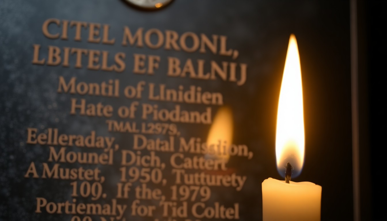 A blurred, atmospheric photograph of a flickering candle flame, its warm glow reflected in the condensation-streaked glass of a memorial plaque, conceptually representing a somber remembrance of lives lost in a mining disaster.