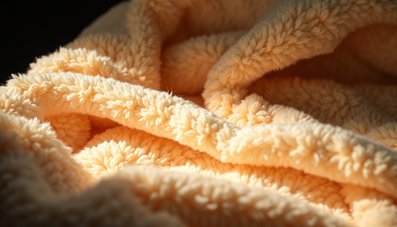 An extreme close-up photograph of a soft, plush baby blanket in shades of pale pink and blue, its luxurious texture glowing under dramatic studio lighting, conceptually representing the joy and anticipation of a new pregnancy announcement.