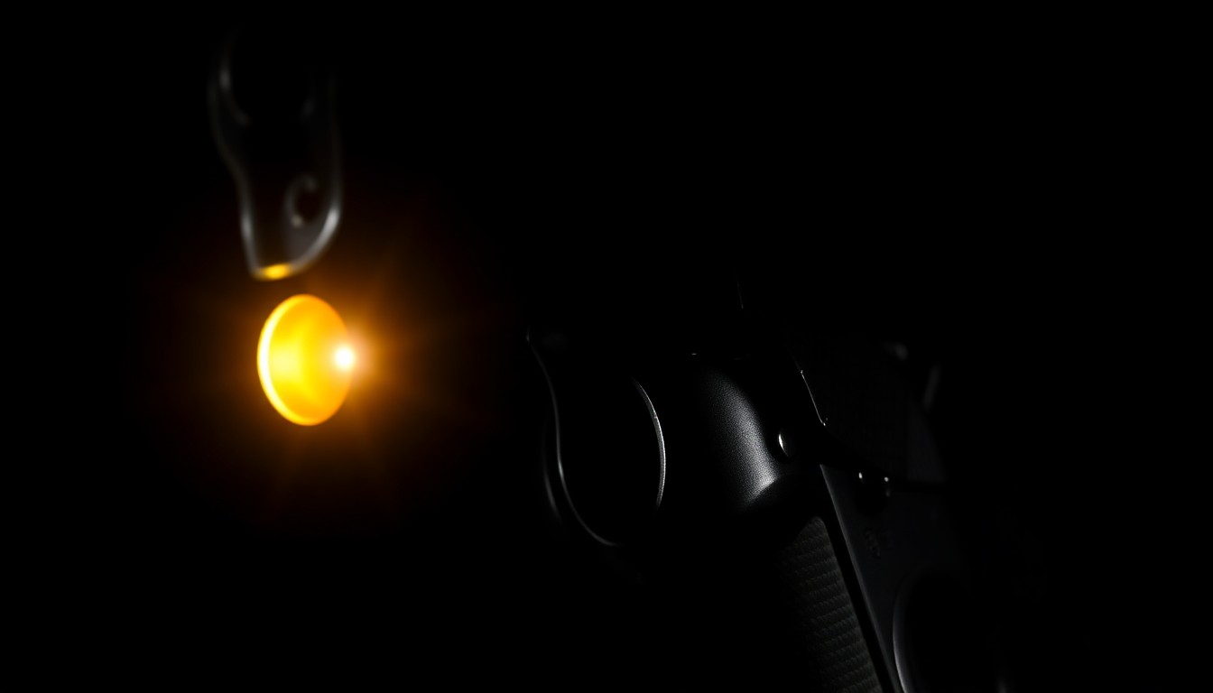 An extreme close-up photograph of a handgun trigger and grip, captured in harsh, dramatic lighting against a pitch-black background to convey the serious, investigative nature of this crime incident.