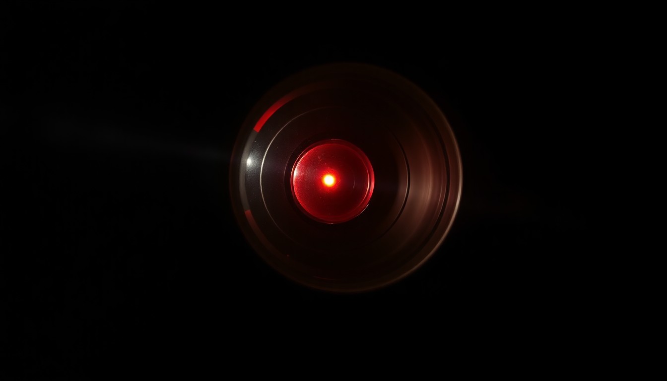 An extreme close-up of a security camera lens on Rikers Island, reflecting a faint red light against a stark black background, conceptually illustrating the gritty, investigative nature of the facility.