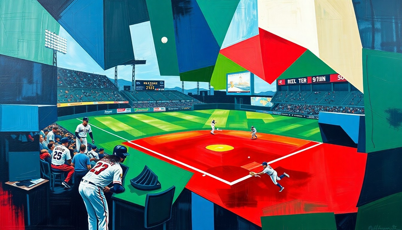 A cubist, geometric painting depicting a baseball game broken down into overlapping planes of navy blue, forest green, and crimson red, conceptually representing the new multi-perspective opportunities the school's turf field will provide for the baseball team and its supporters.