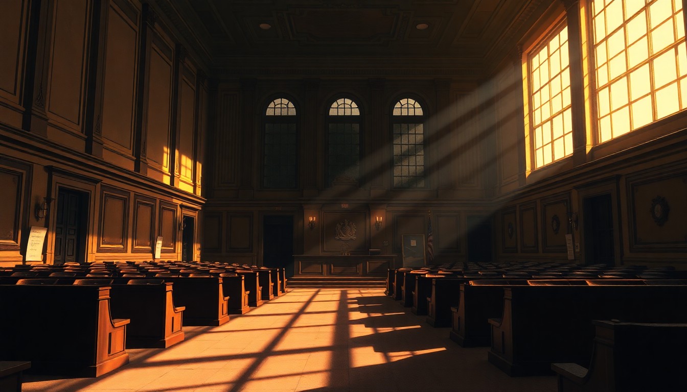 A dimly lit, cinematic painting of an empty city council chamber, with warm sunlight streaming in through the windows and deep shadows cast across the room, creating a contemplative and nostalgic atmosphere.