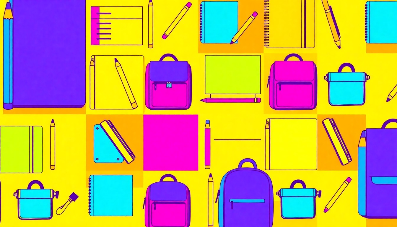 A brightly colored, high-contrast silkscreen print of a school backpack repeated in a tight grid pattern, utilizing vibrant neon colors and heavy black outlines to transform the everyday object into modern pop art.