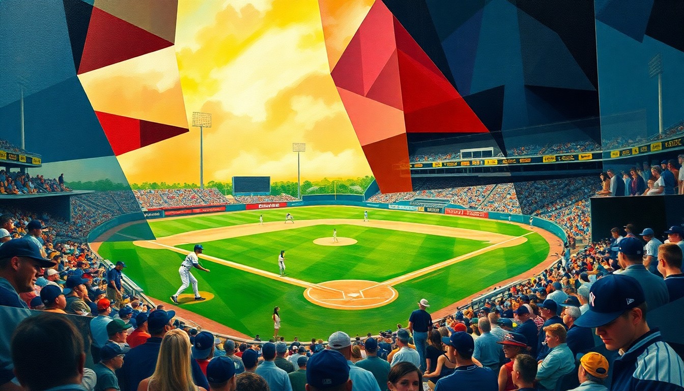 A fragmented, geometric painting depicting the action and atmosphere of a high school baseball or softball game, with players, field, and crowd broken down into abstract shapes and planes of color.