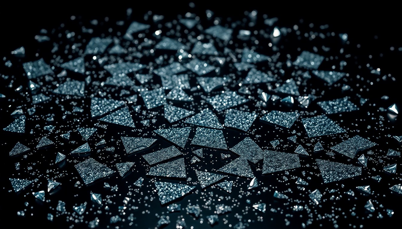 An extreme close-up photograph of shattered glass shards sparkling against a dark background, conceptually representing the fallout from a personal scandal going viral.