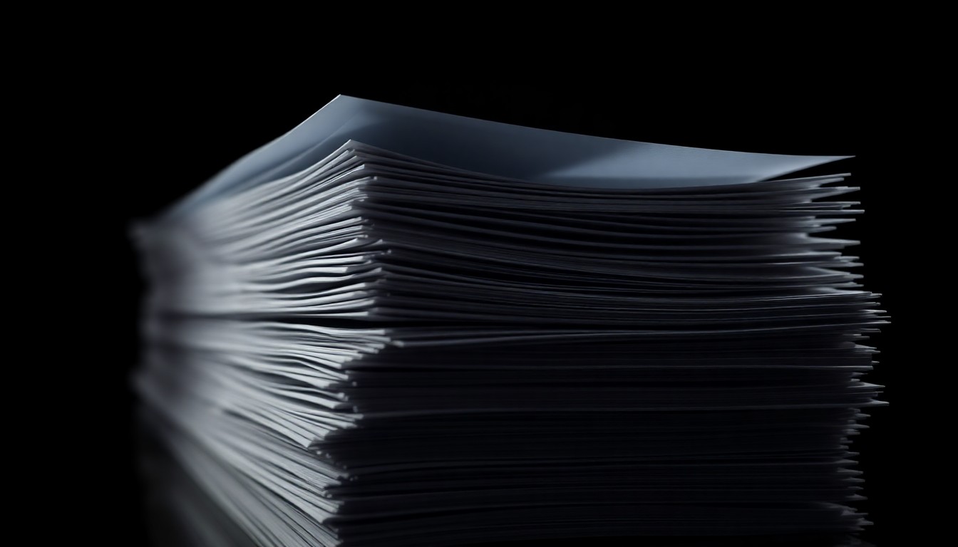 An extreme close-up photograph of a stack of legal documents or court files, lit by a harsh, direct camera flash against a pitch-black background, creating a stark, gritty, investigative aesthetic.