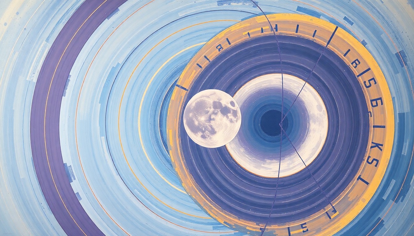 A bold, abstract painting in soft shades of blue, purple, and gold depicting the Artemis II spacecraft's intricate orbital path around the moon, conveying the scale and precision of this landmark space mission.
