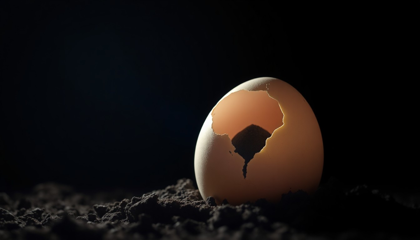 An extreme close-up photograph of a cracked Easter egg partially buried in the dirt, with a faint hint of something dark emerging from the fracture, conceptually representing the unsettling discovery of potential human remains during a community celebration.