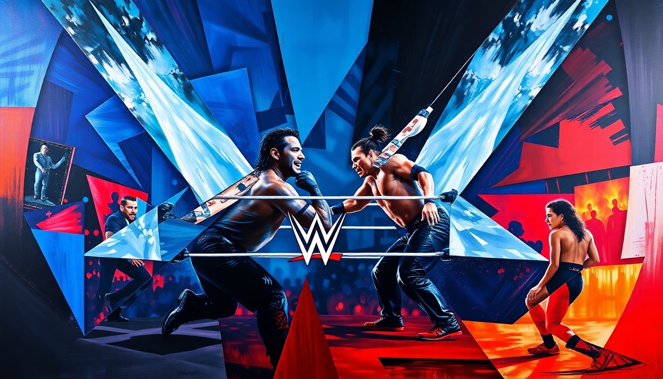 A fractured, cubist-style painting depicting a wrestling match or competition, with sharp geometric shapes and planes in vibrant colors like deep blues, fiery reds, and metallic silvers, conceptually representing the unpredictable nature of professional wrestling injuries and recoveries.