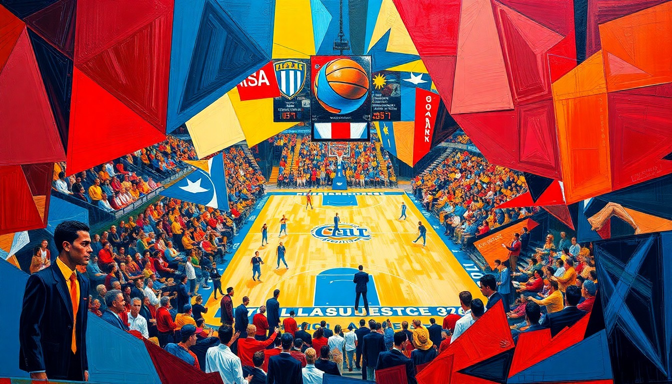 A cubist, geometric painting depicting a college basketball game, with sharp planes of red, blue, and gold colors representing the competing teams in an abstract, fragmented style.