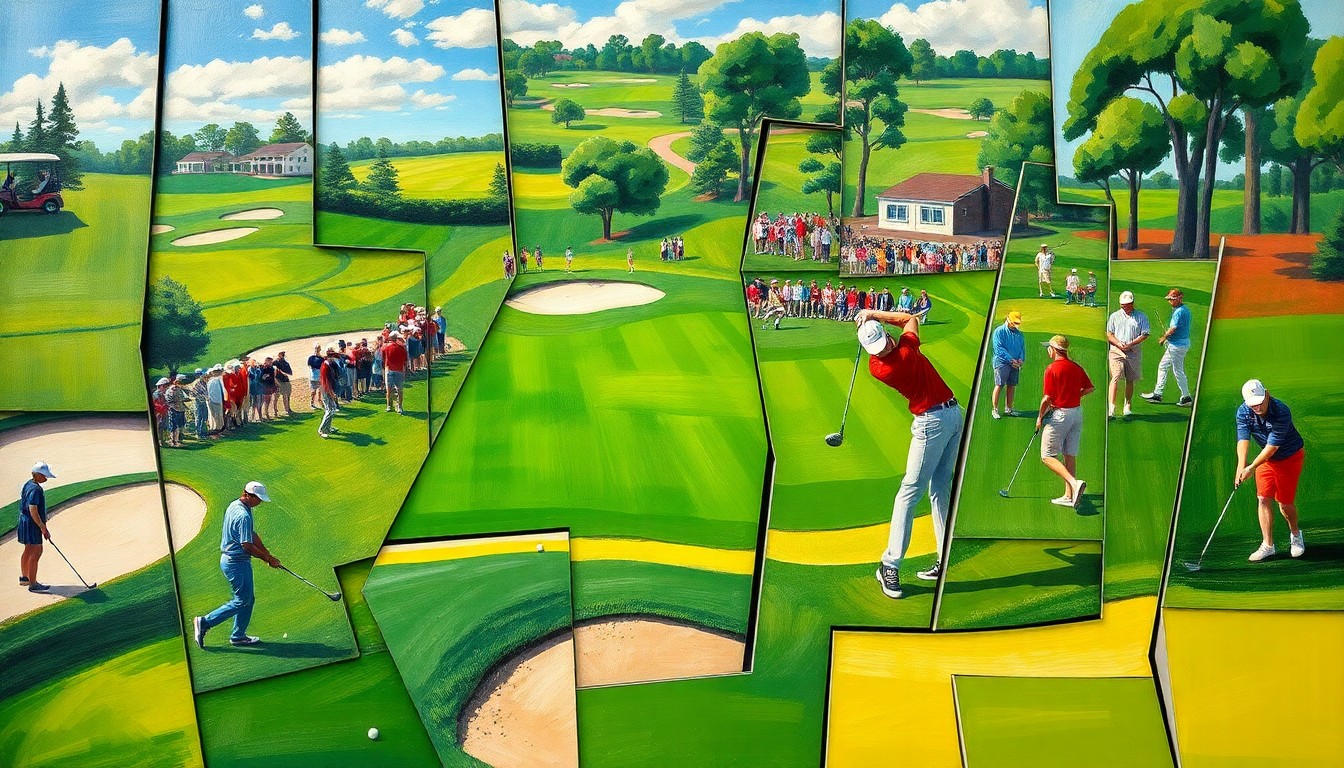 A cubist-style painting depicting a high school golf tournament, with the fairways, sand traps, and golfers broken down into sharp, overlapping geometric planes in vibrant colors, conceptually representing the competitive energy and skill of the event.