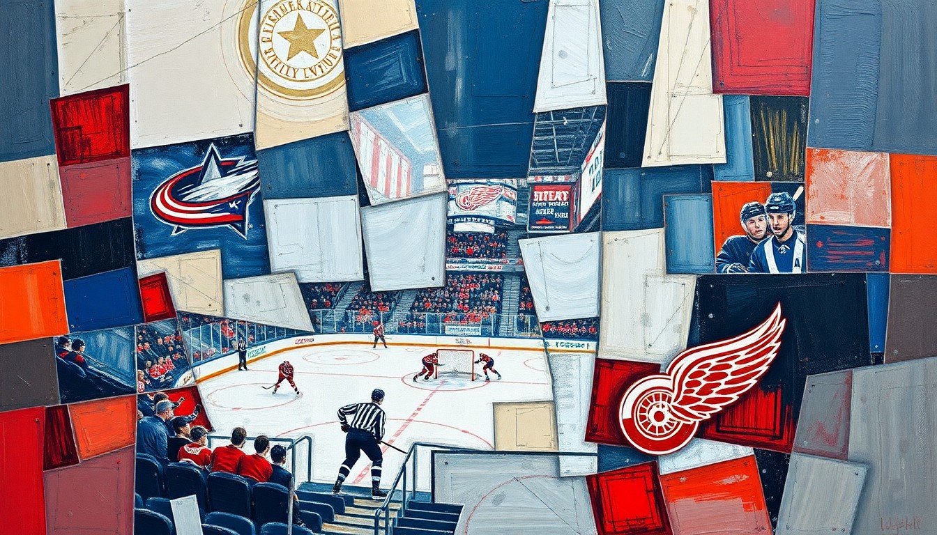 A fractured, multi-perspective painting in the style of Pablo Picasso, breaking a hockey game between two teams down into sharp, overlapping geometric planes of color and form, conveying the intensity and high stakes of the matchup.