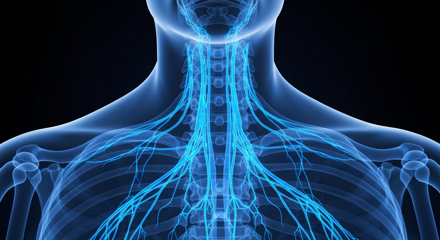 A ghostly, translucent X-ray-style image revealing the glowing blue nerves of the stellate ganglion in the neck, conceptually illustrating an emerging treatment for the autonomic nervous system disruptions associated with Long COVID.