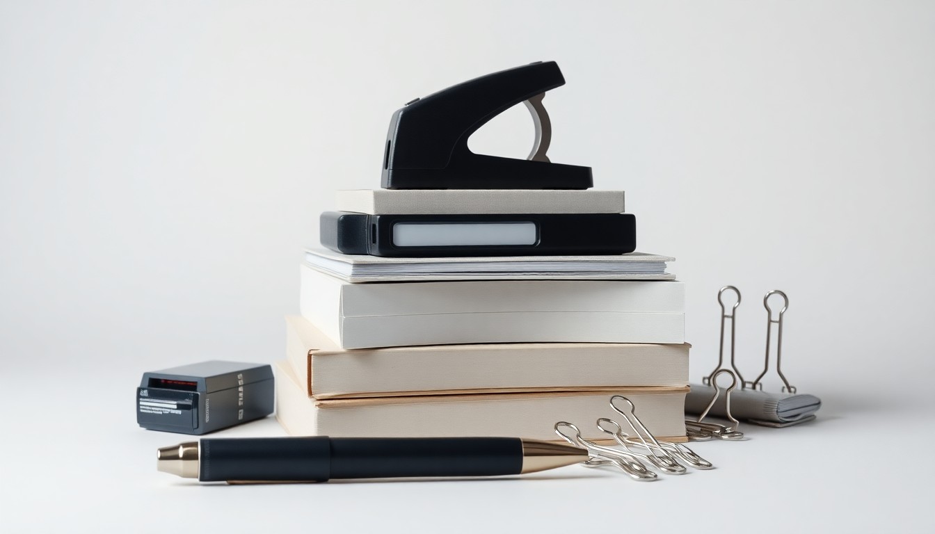 A photorealistic studio still life featuring a stack of premium office supplies and equipment, conceptually representing the streamlined, stress-free experience of a full-service corporate relocation.