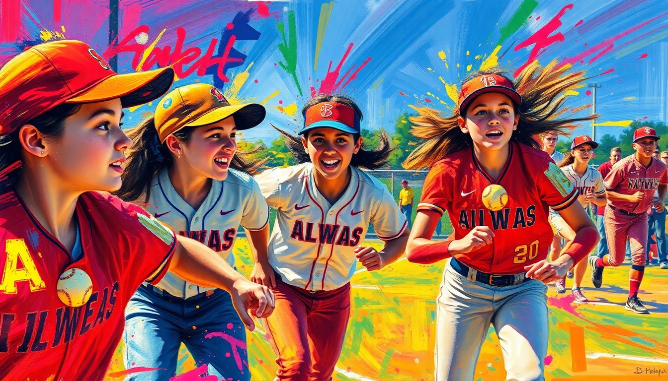 An abstract expressionist painting in vibrant neon colors, with rapid brushstrokes capturing the dynamic movement and energy of a high school softball game.