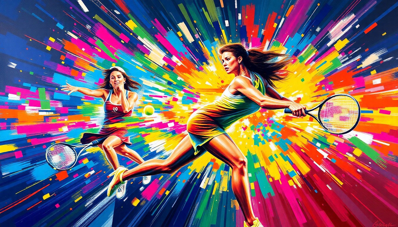 An abstract, expressionist painting in vibrant neon colors depicting the dynamic movements and energy of a tennis match, capturing the essence of Jessica Pegula's Charleston Open title triumph.