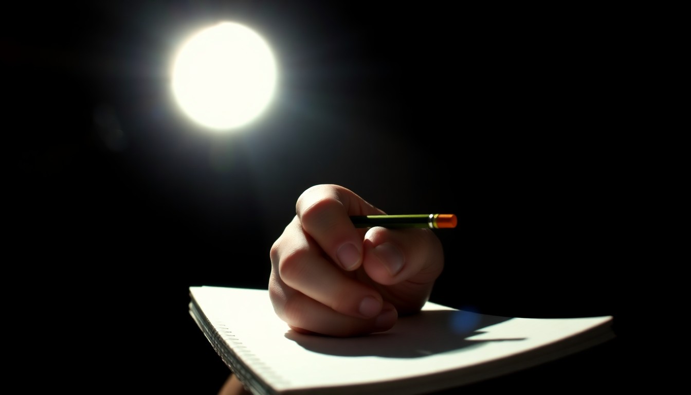 An extreme close-up photograph of a youth's hand holding a pencil and notebook, the details of the hand and writing materials sharply illuminated against a dark background, conveying a sense of focus and determination in a challenging urban environment.