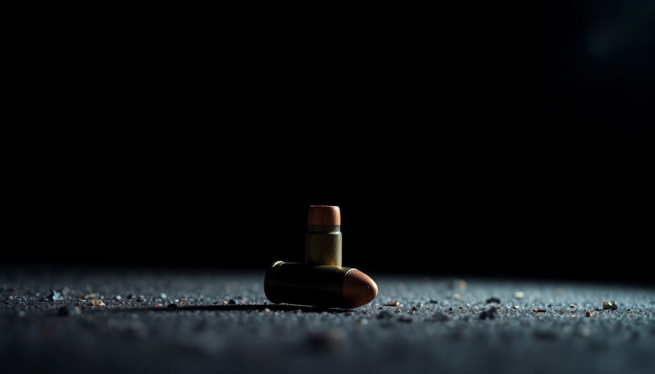 An extreme close-up photograph of a bullet casing on the ground, lit by a harsh, direct camera flash against a pitch-black background, conceptually illustrating the investigation into a targeted shooting.