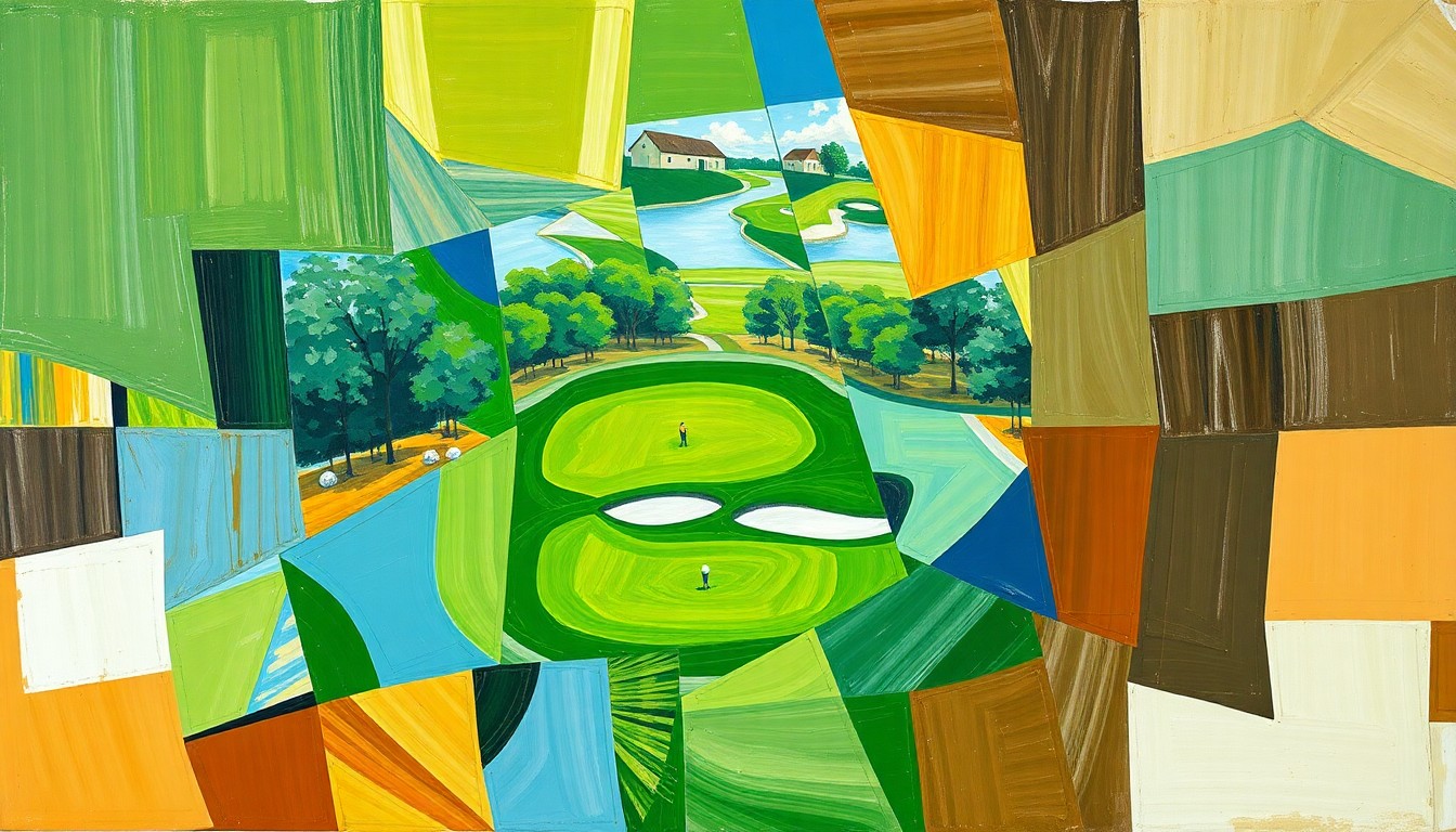 A fragmented, geometric painting in shades of green, blue, and brown, capturing the dynamic action and competition of a college golf event through Cubist-inspired abstraction.
