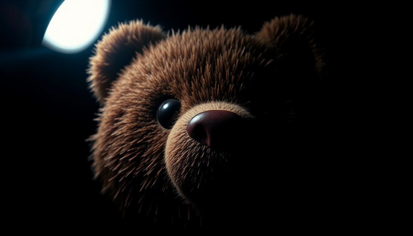 An extreme close-up photograph of the Truffles chocolate shop mascot bear, focusing on the texture of its fur and plastic eyes under harsh, dramatic lighting to create a stark, gritty investigative aesthetic.