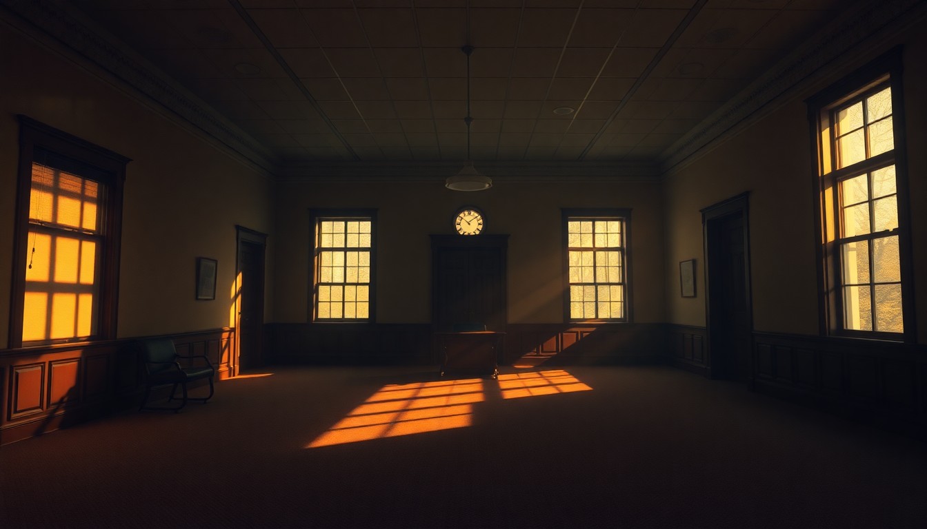 A dimly lit, cinematic interior space with a lone desk and chair, the room's details obscured by deep shadows and warm, angled sunlight, conveying a sense of political tension and uncertainty.