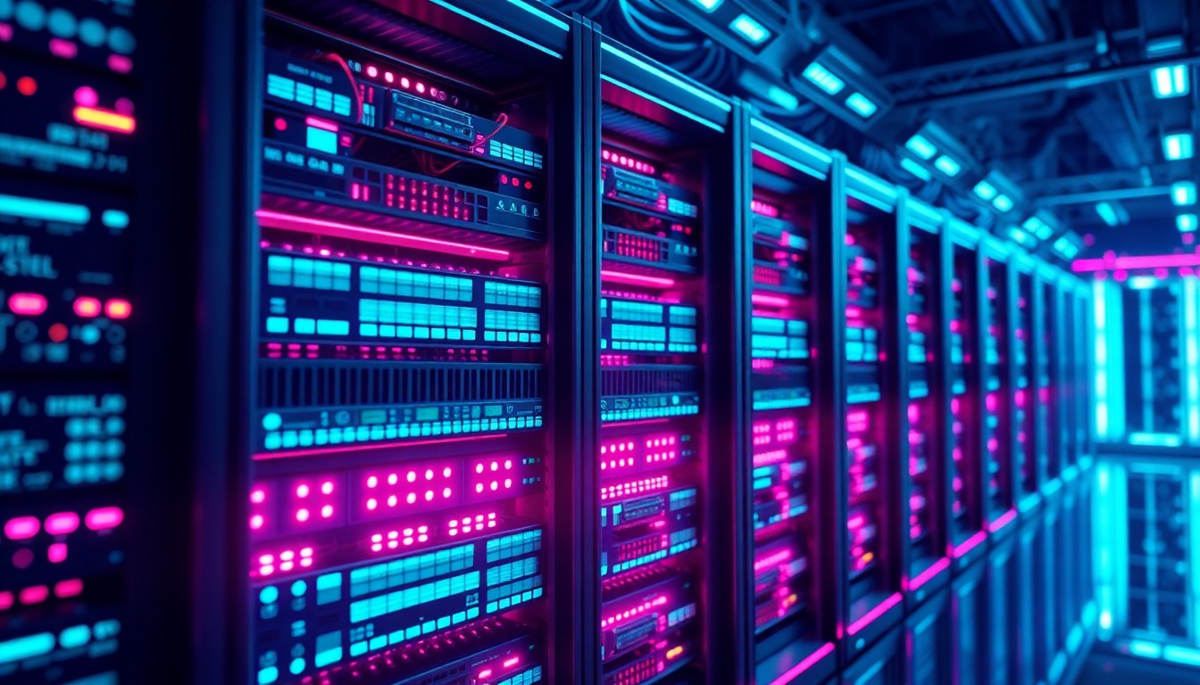 A highly detailed, glowing 3D illustration of a futuristic data center server rack, with neon cyan and magenta lights illuminating the intricate hardware components, conceptually representing the complex digital infrastructure that powers advanced AI systems.