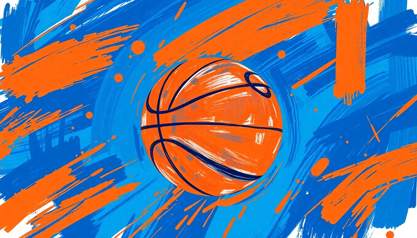 An abstract, expressionist illustration using bold brushstrokes and a vibrant color palette of blues, oranges, and silvers to depict the dynamic movement and skill of high school basketball players.