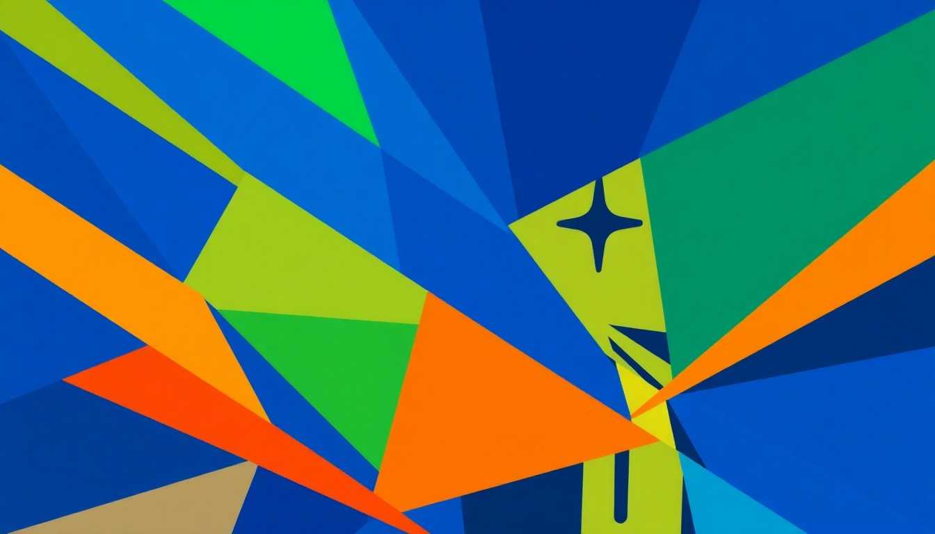 A cubist, geometric painting in vibrant shades of blue, green, and orange, with sharp, overlapping planes that capture the dynamic energy of sports betting in Maryland.