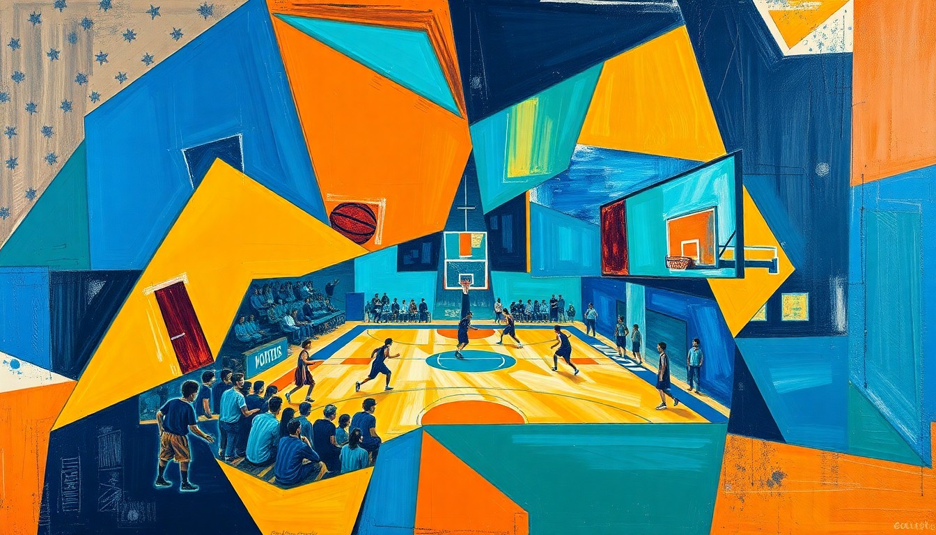 A fractured, multi-angled painting depicting a high school basketball game, with the players and court broken down into sharp, overlapping geometric shapes in a vibrant color palette, conceptually representing the complex challenges of creating competitive balance in postseason play.