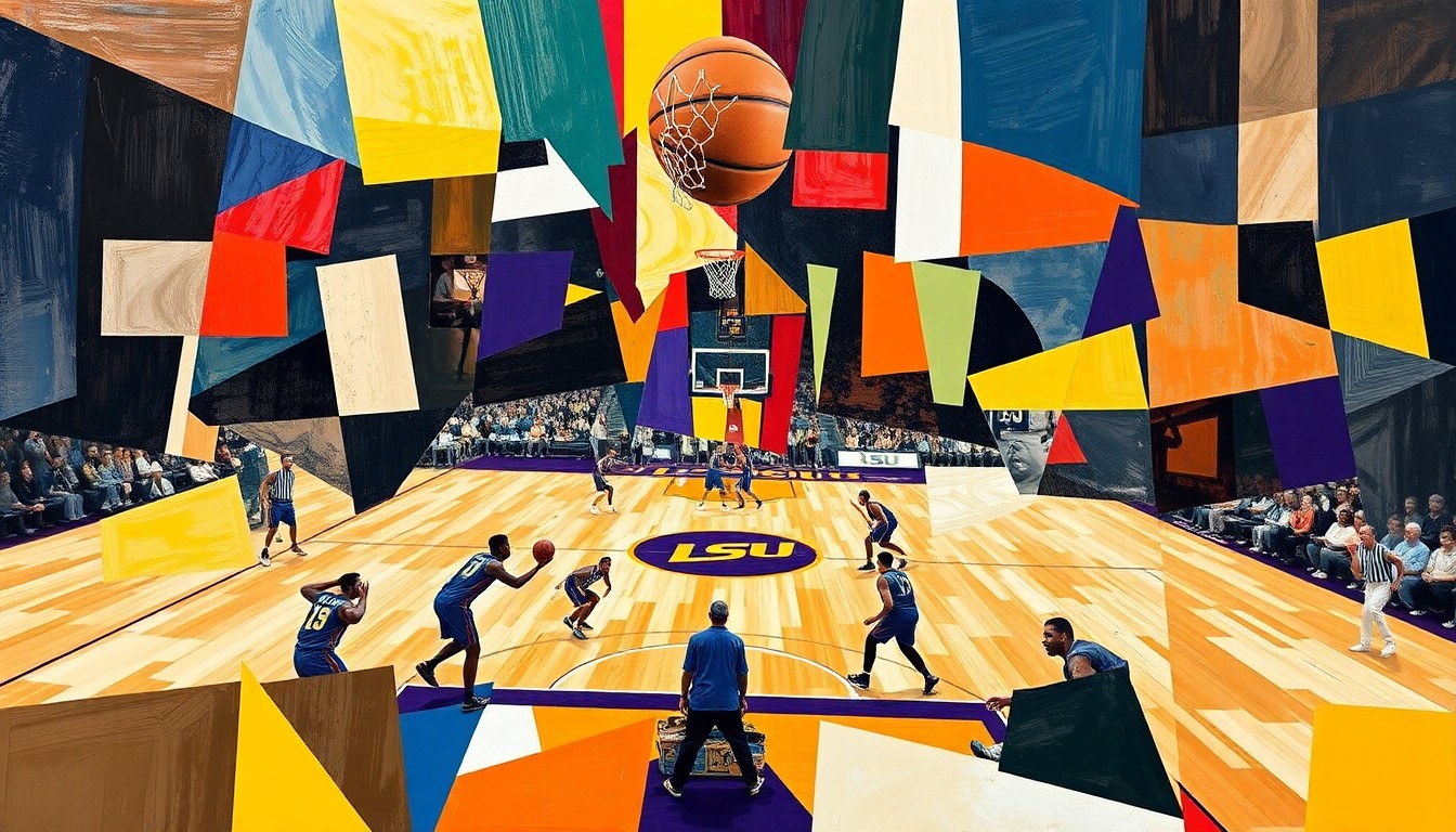 A cubist, geometric painting in shades of purple, gold, and green, representing the dynamic energy and competitive spirit of a basketball game.