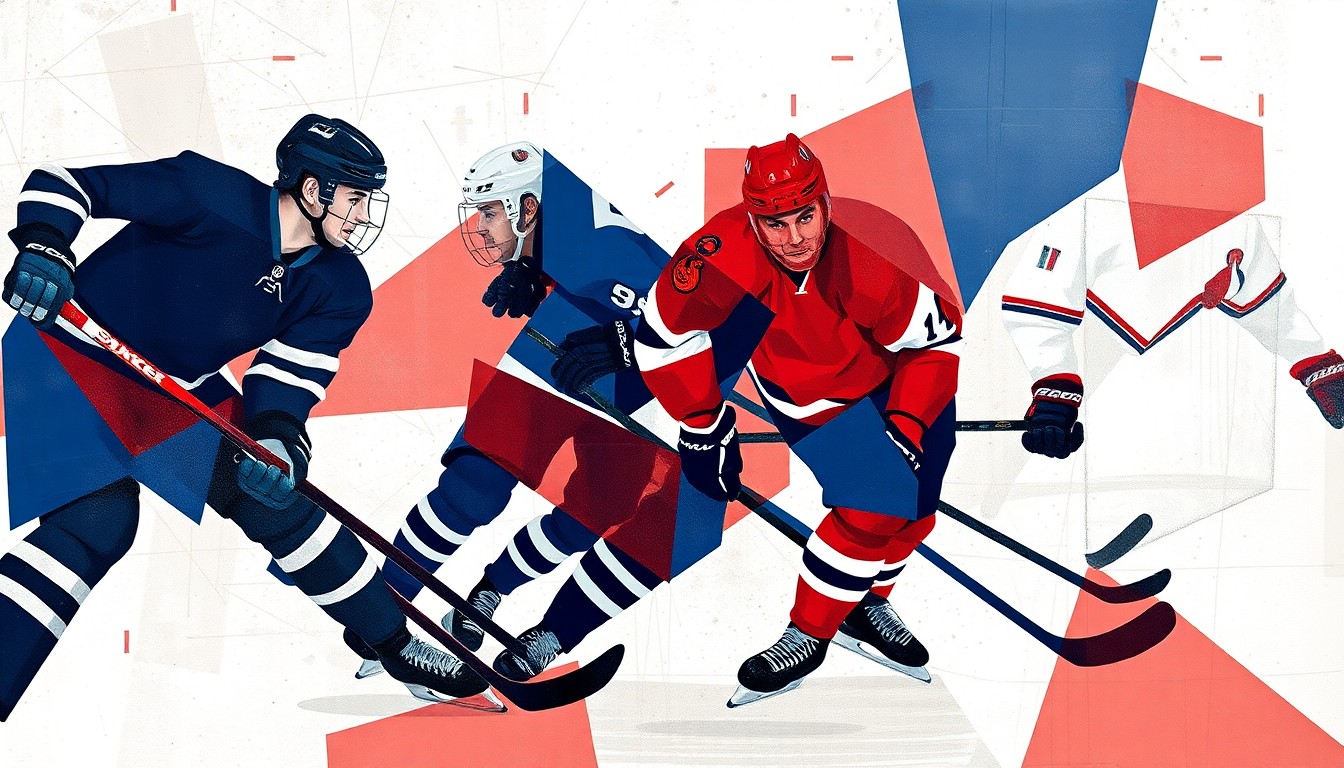 An abstract, cubist-style painting depicting a hockey game, with the players' forms broken down into sharp, overlapping geometric shapes in shades of navy, red, and white, conveying the fragmented nature of the Stars' lineup due to injuries.