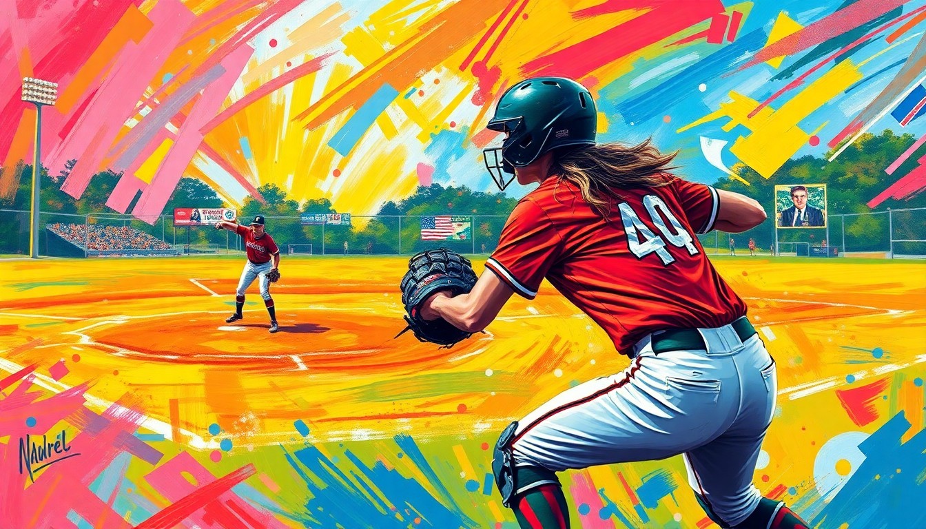 An abstract, energetic painting featuring bold brushstrokes of neon colors, capturing the dynamic motion and intensity of a high school softball game, with the pitcher and catcher as the central figures.