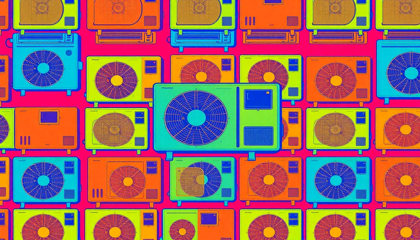 A bold, colorful silkscreen-style illustration featuring a repeated pattern of a single air conditioning unit in vibrant neon hues, conceptually representing the importance of maintaining a properly functioning AC system in the hot Memphis climate.