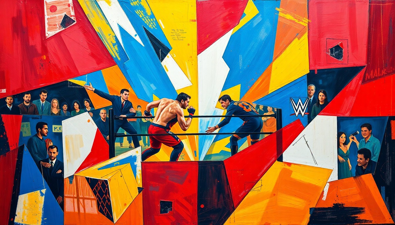 A cubist, geometric painting depicting a fragmented and deconstructed WWE wrestling match, with sharp planes of color and overlapping perspectives conveying the raw energy and unpredictability of the sport.