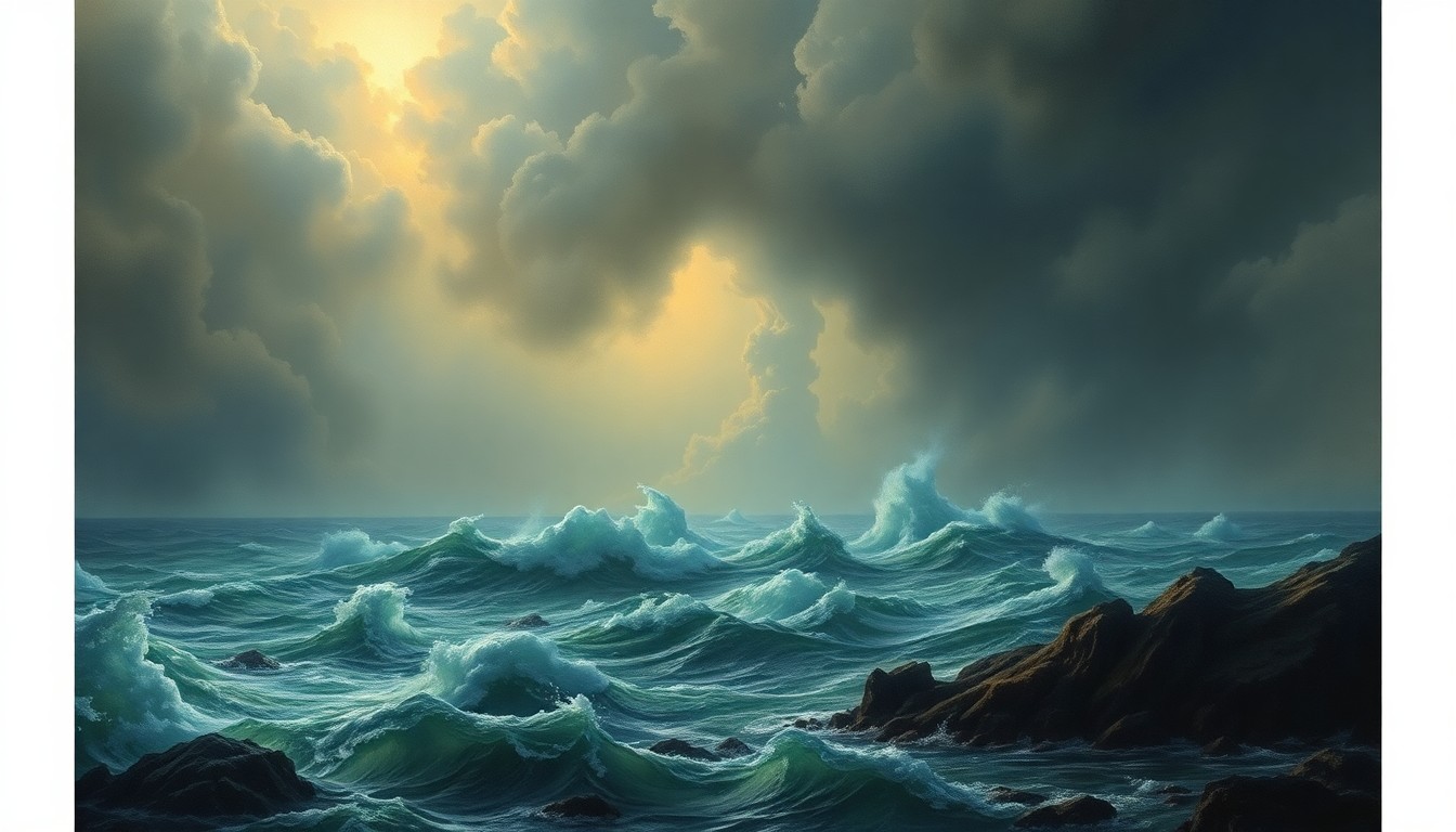 A sweeping, atmospheric landscape painting depicting a massive, churning rip current dominating the frame, with only the faintest outline of a human figure struggling against the turbulent waters.