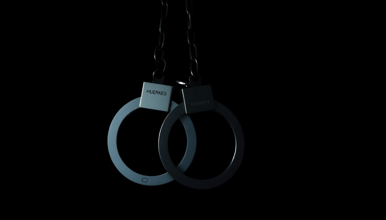 An extreme close-up photograph of a pair of metal handcuffs against a pitch-black background, the harsh flash creating dramatic shadows and textures to convey a sense of the serious, investigative nature of this crime.