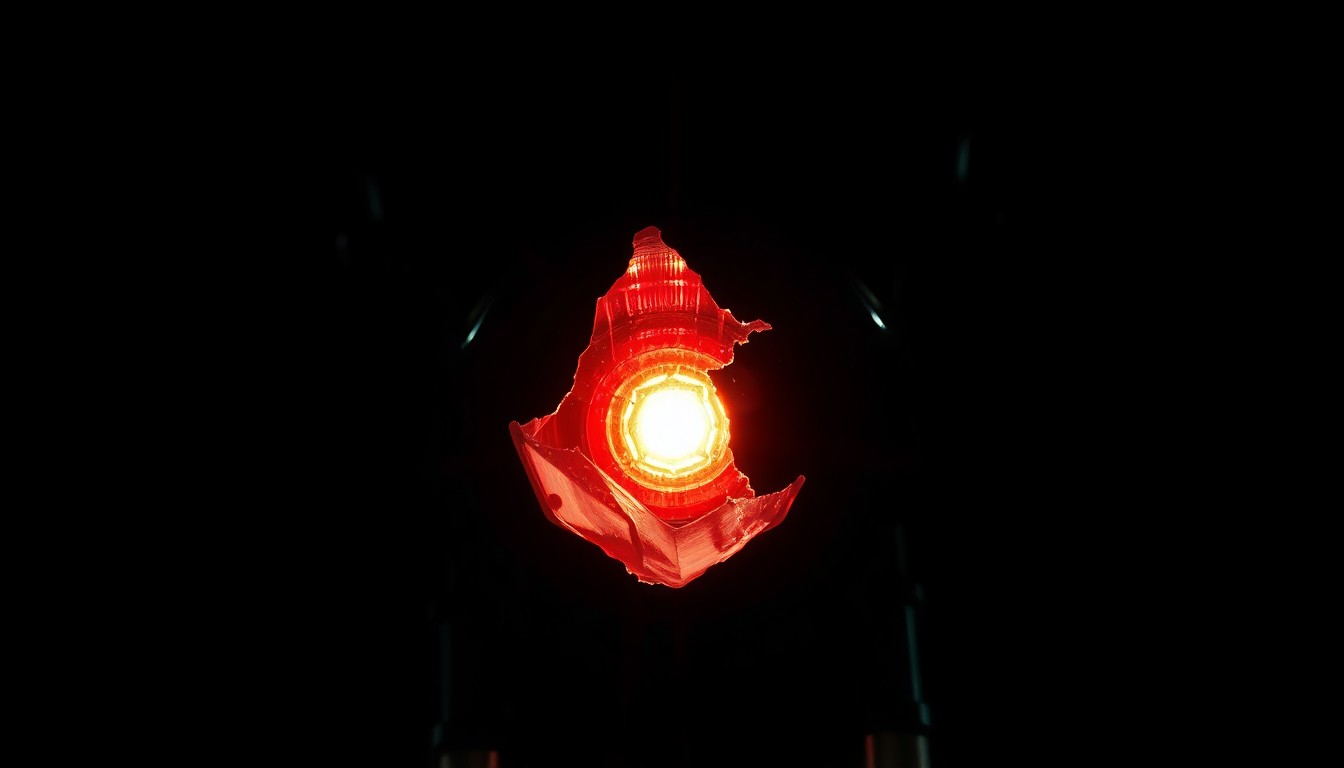 An extreme close-up photograph of a damaged motorcycle part, such as a broken mirror or shattered taillight, lit by a harsh, direct camera flash against a pitch-black background, conceptually illustrating the aftermath of a fatal motorcycle crash.