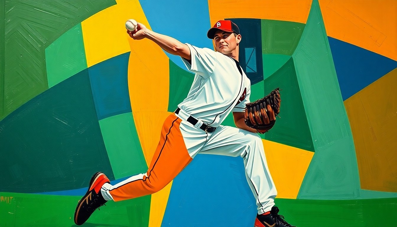 A fractured, cubist-style painting depicting the various motions and angles of a baseball pitcher's delivery, with sharp geometric shapes in shades of green, blue, and orange blending together to create an abstract, deconstructed visual representation of the sport.