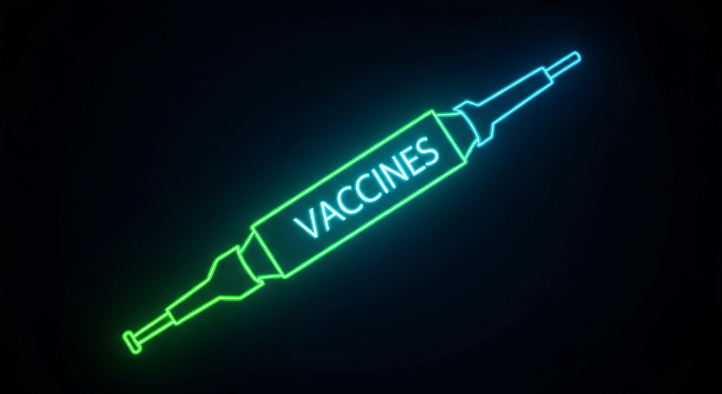 A minimalist design in the style of Keith Haring, where the outline of a syringe and vaccine vial glow with vibrant neon lines against a deep, dark background, emphasizing the essential role of vaccines in public health.