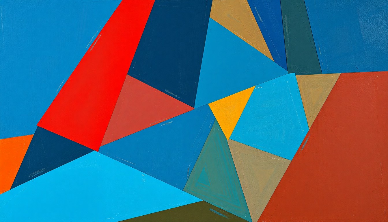 A fractured, cubist-style painting depicting the dynamic movements and energy of a WNBA basketball game, with players and the court broken down into sharp, overlapping geometric shapes and planes in a palette of deep blues, vibrant reds, and earthy browns.