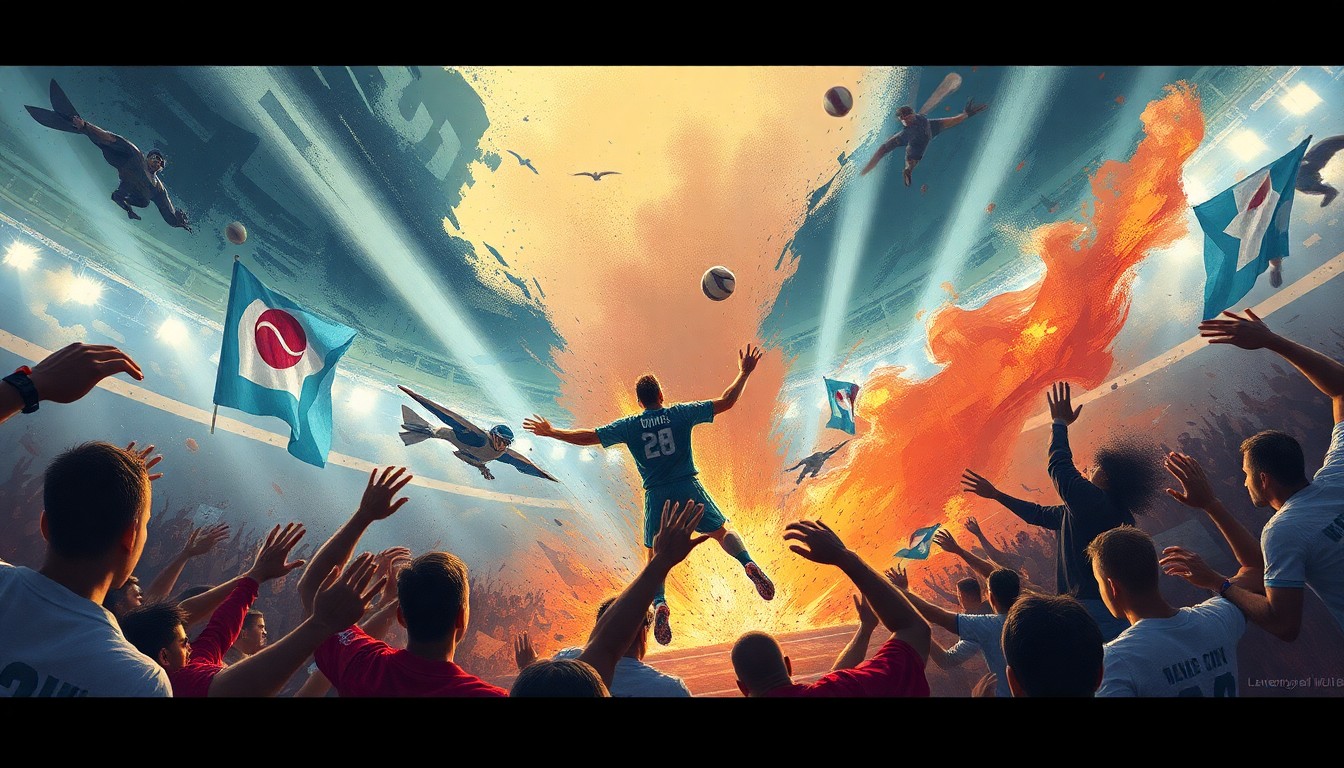 An extreme close-up of a sports arena filled with vibrant, explosive brushstrokes of neon colors, conceptually representing the raw energy and excitement of a high-stakes sporting event.