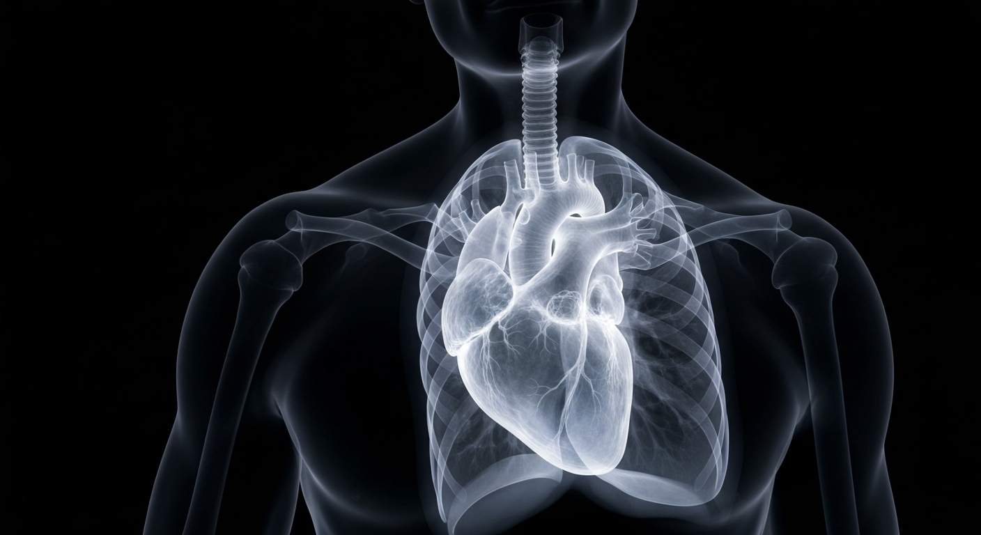 A ghostly, translucent X-ray photograph revealing the internal structure of a human heart and lungs, glowing with a faint, ethereal light against a dark background, symbolizing the vulnerability of the aging body without proper healthcare.