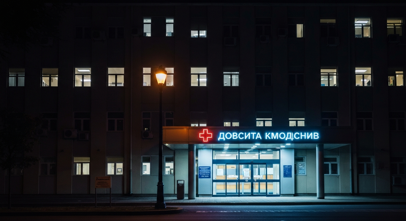 A minimalist design in the style of Keith Haring where the outline of a hospital building is defined entirely by vibrant neon lines against a dark background, conveying the urgency of the situation.