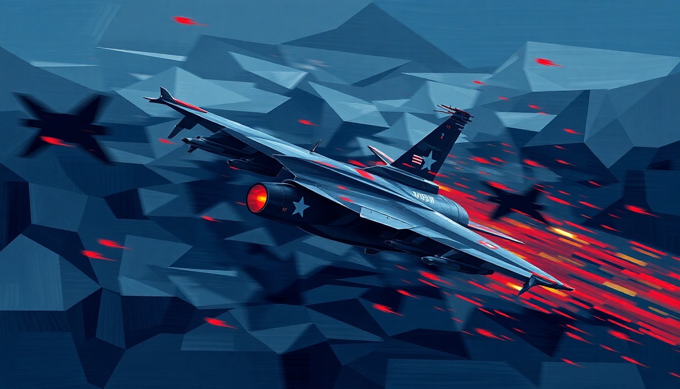 A dynamic, abstract painting of a fighter jet in motion, with overlapping geometric shapes and brushstrokes in shades of blue, grey, and red, conveying the speed and intensity of the rescue operation.