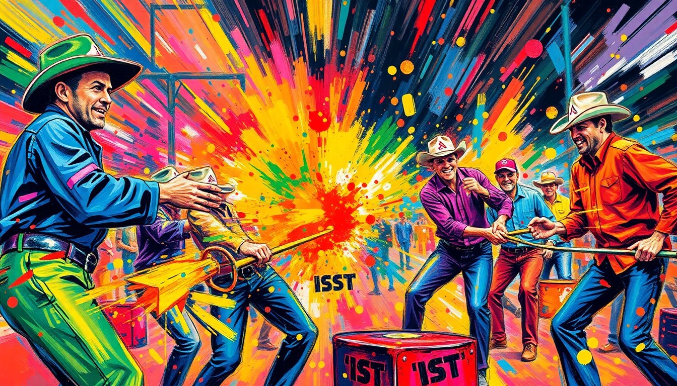 An abstract, expressionist painting in neon colors depicting the dynamic motion and energy of a horseshoe pitching competition, with the players' faces and details dissolving into colorful brushstrokes.